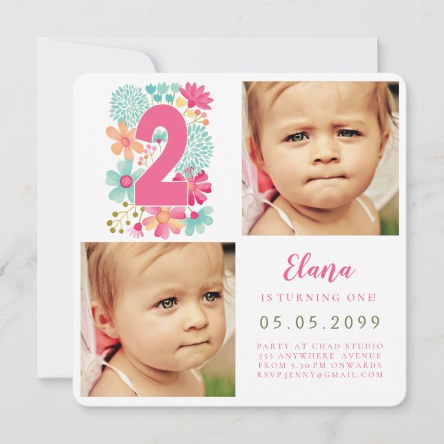 Girls Number 2 2nd Birthday Year Photo Invitation (Front)