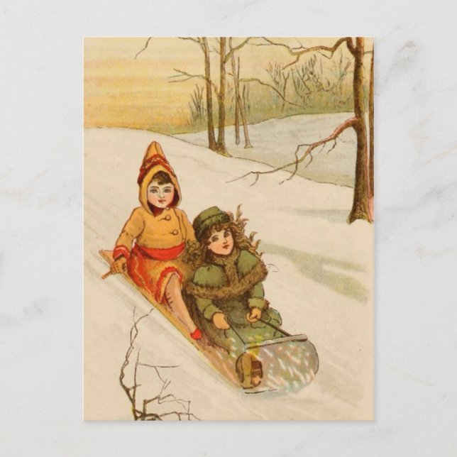 Girls on a Sled in Winter Snow Postcard (Front)