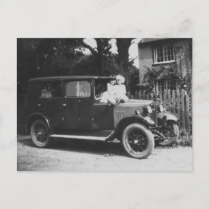 Girls On Car Old Black & White Image - Postcard