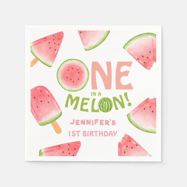Girls ONE in a Melon! Watermelon Birthday Party Napkin (Front)