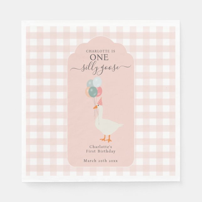 Girl's One Silly Goose 1st Birthday Party Napkin (Front)