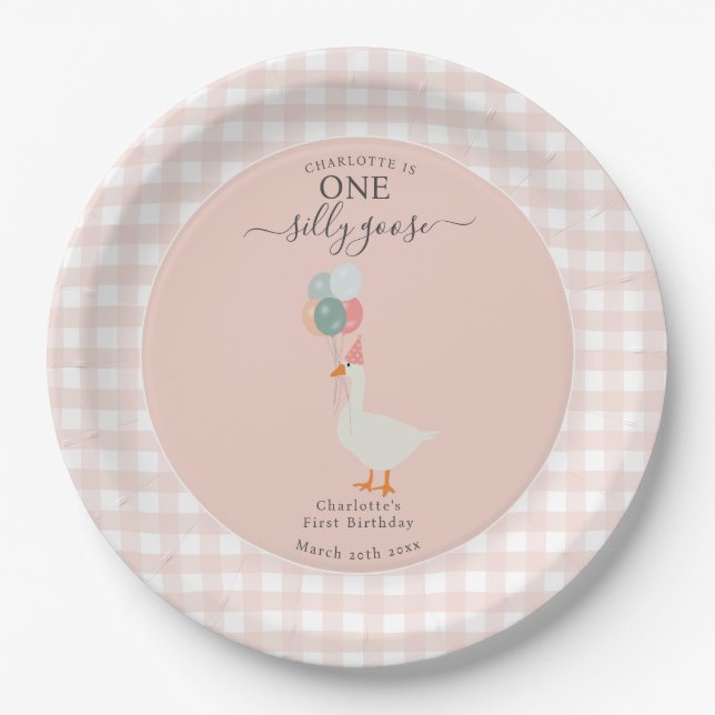 Girl's One Silly Goose 1st Birthday Party Paper Plate (Front)