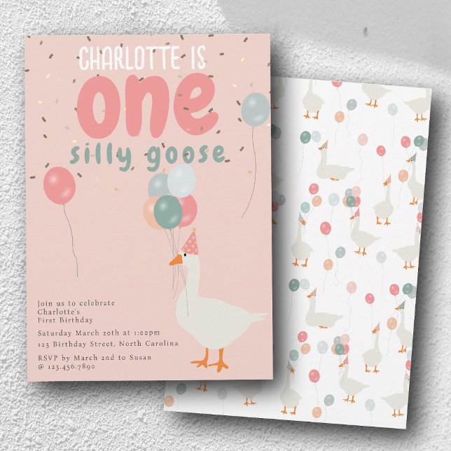 Girl's One Silly Goose 1st Birthday Party Pink Invitation (Girl's One Silly Goose 1st Birthday Party Pink Invitation)
