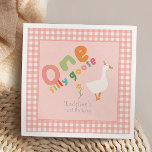Girls One Silly Goose Kids Pink First Birthday Napkin<br><div class="desc">This cute and whimsical girls 1st birthday napkin design features one silly goose with a pink party hat and summer flower,  with matching pink gingham,  and can be personalised with your child’s name in fun typography. The perfect colourful farm design for your little one's first birthday!</div>