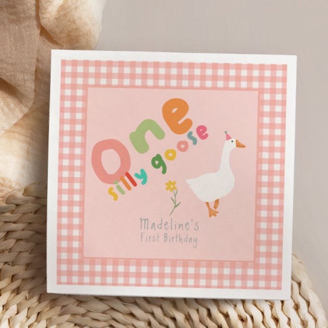 Girls One Silly Goose Kids Pink First Birthday Napkin (Creator Uploaded)