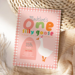 Girls One Silly Goose Pink Gingham First Birthday Invitation
