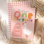 Girls One Silly Goose Summer Kids First Birthday Invitation<br><div class="desc">This cute and whimsical girls 1st birthday invitation design features one silly goose with a pink party hat, and can be personalised with all the information you need for your child's first party in a cute and colourful typography. The invite also features a matching pink gingham pattern on the back....</div>