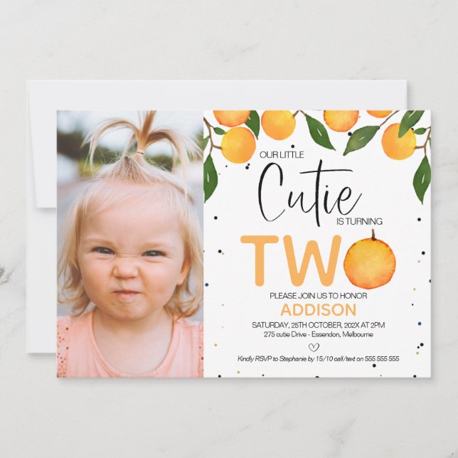 Girl's Orange Photo Little Cutie 2nd Birthday Invitation (Front)