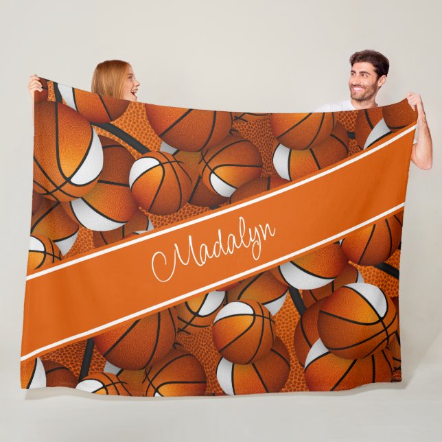 girls orange white basketball pattern personalised fleece blanket (In Situ)