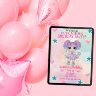 Girls Outrageous Birthday, doll, hearts, stars Invitation