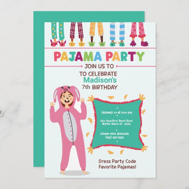 Girls Pajama Birthday Seepover Party Invitation (Front/Back)