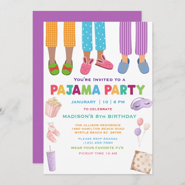 Girls Pajama Birthday Sleepover  Party Invitation (Front/Back)