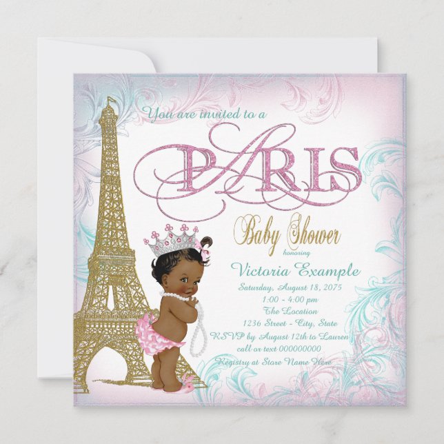 Girls Paris Baby Shower Pink Gold Teal Pearls Invitation (Front)