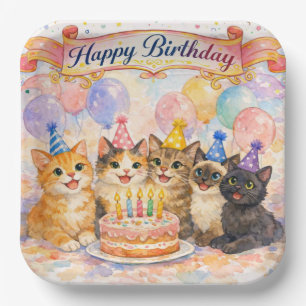 Girls Party Happy Birthday Cute Cats Paper Plate