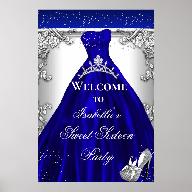Girls Party Welcome Sign Blue Silver 3 (Front)