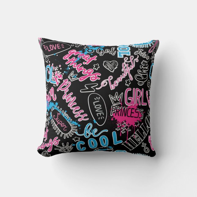 Girls pattern with calligraphic slogan, hearts, wo cushion (Front)
