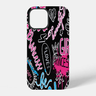 Girls pattern with calligraphic slogan, hearts, wo iPhone 12 case