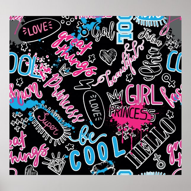 Girls pattern with calligraphic slogan, hearts, wo poster (Front)