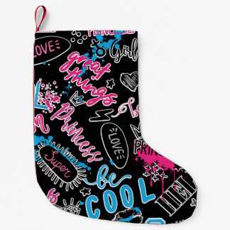 Girls pattern with calligraphic slogan, hearts, wo small christmas stocking