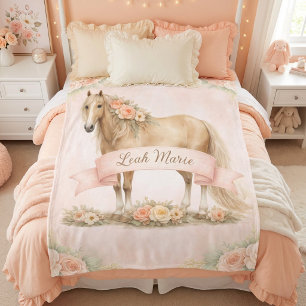 Girls Peach Floral Horse Personalised Name  Fleece Blanket
