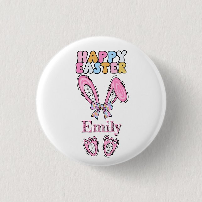 Girls Personalise Happy Easter Bunny Pink 3 Cm Round Badge (Front)
