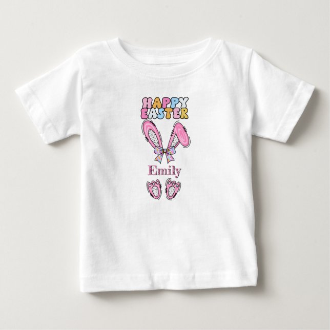 Girls Personalise Happy Easter Bunny Pink Baby T-Shirt (Front)