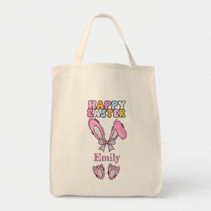 Girls Personalise Happy Easter Bunny Pink Tote Bag