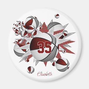 girls personalised basketballs stars maroon grey magnet