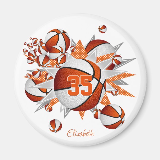 girls personalised basketballs stars orange white magnet (Front)