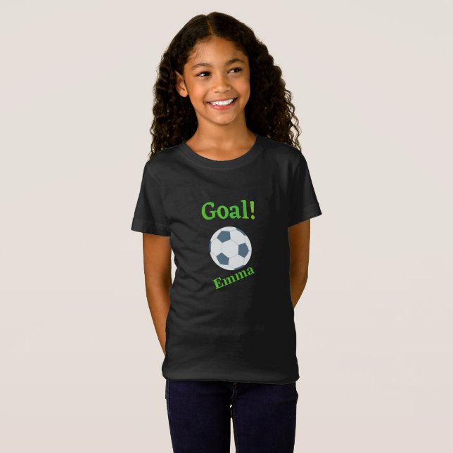 Girls Personalised Black Green Soccer Player Goal T-Shirt (Front Full)