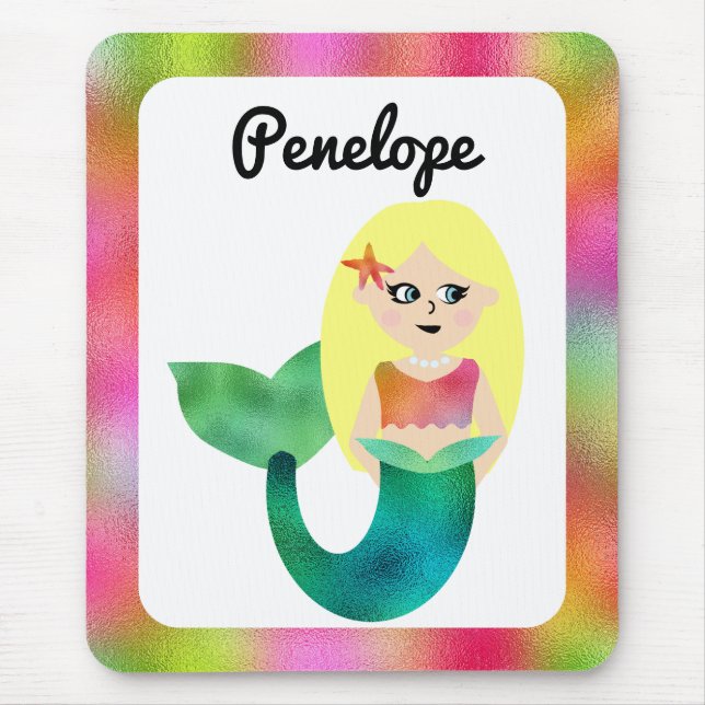 Girls Personalised Blonde Faux Foil Mermaid Kids Mouse Pad (Front)