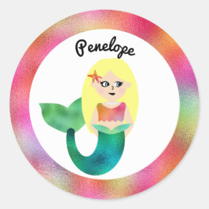 Girls Personalised Blonde Faux Foil Mermaid Pink Classic Round Sticker