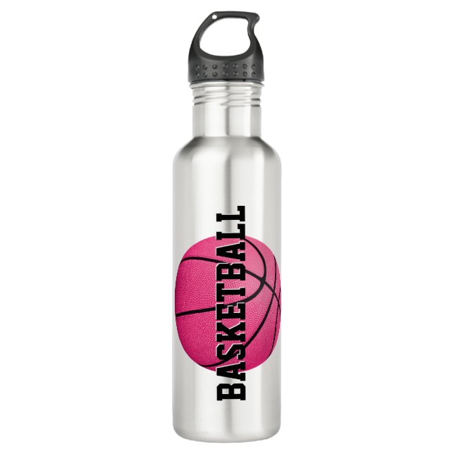 girl's personalised bright pink basketball 710 ml water bottle (Front)