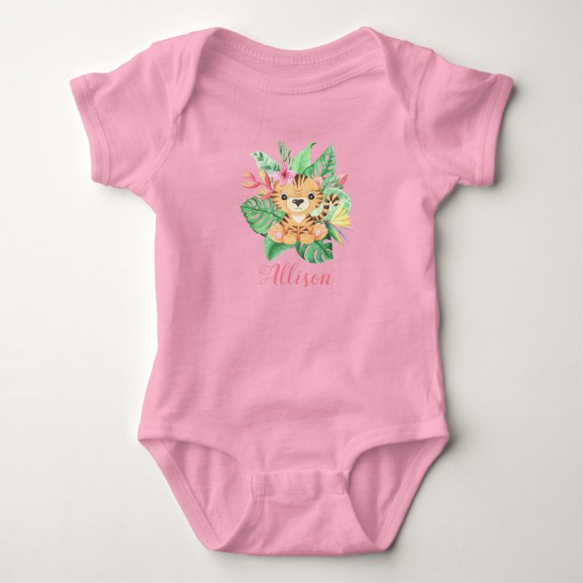 Girls Personalised Cute Tiger in Tropical Flowers Baby Bodysuit (Front)