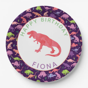 Girls Personalised Dinosaur Birthday Party Pattern Paper Plate
