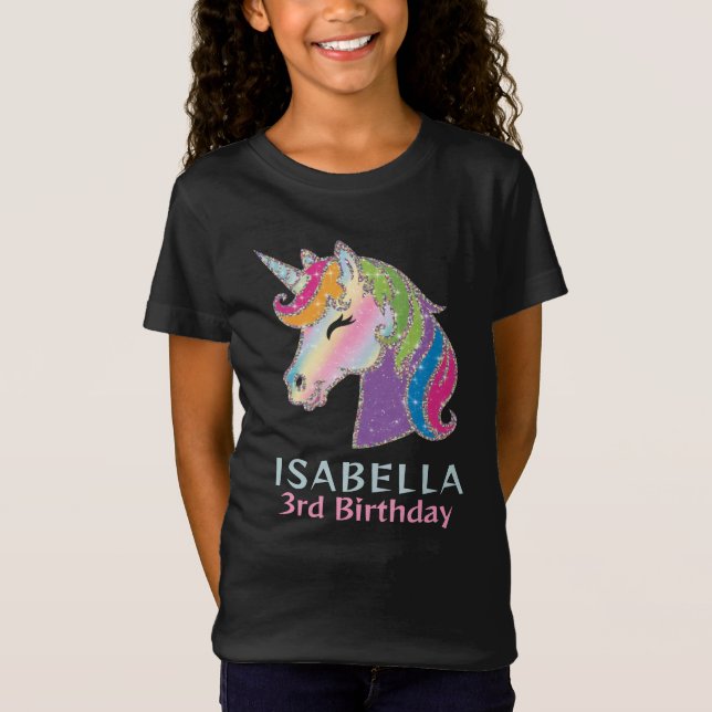 Girls Personalised Glowing Unicorn Birthday  T-Shirt (Front)