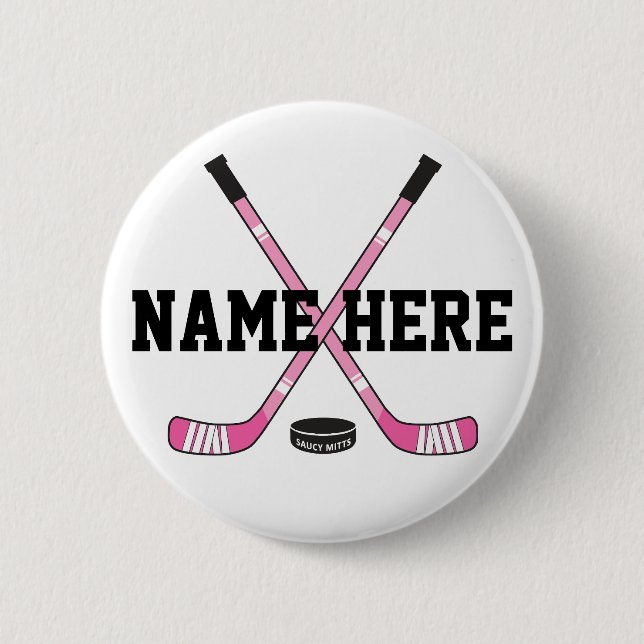 Girls Personalised Hockey Player Name Pink Pinback 6 Cm Round Badge (Front)