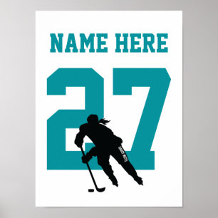 Girls Personalised Hockey Player Number Teal Poster