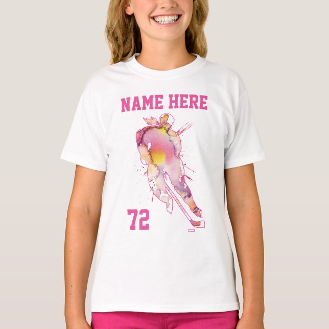 Girls Personalised Hockey Player Watercolor T-Shirt (Front)