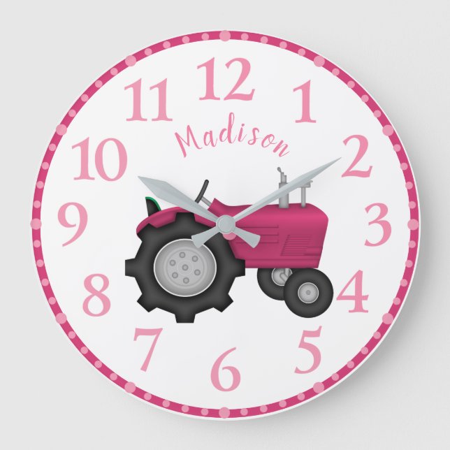 Girls Personalised Pink Tractor Wall Clock (Front)