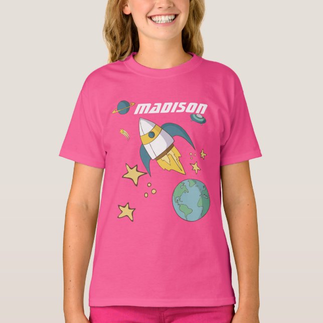 Girls Personalised Rocket Ship Shirt (Front)