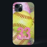 Girl's personalised softball iPhone 13 case<br><div class="desc">Women's softball iPhone case with pink and bright yellow softballs and customisable jersey number and name by katz_d_zynes ::: also available for other iPhone models as well as iPad and Samsung devices ... for other devices, select your device type from the “Style Options” section on this page … for customisation...</div>