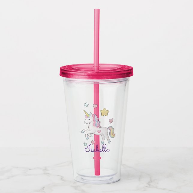 Girls Personalized Cute Whimsical Unicorn Rainbow  Acrylic Tumbler (Front)