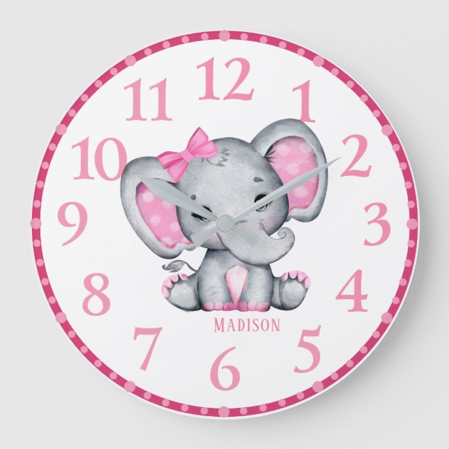 Girls Personalized Pink Elephant Wall Clock (Front)