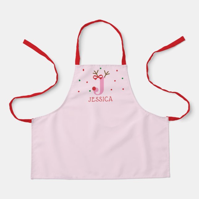 Girls Personalized Reindeer Initial J  Apron (Front)