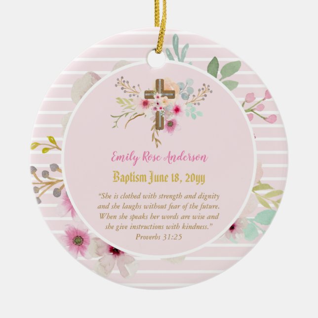 Girls PHOTO Baptism Christening Gift Proverb 31:25 Ceramic Tree Decoration (Front)
