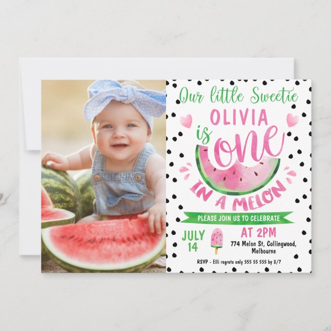 Girls Photo Black Pips One In A Melon 1st Birthday Invitation (Front)