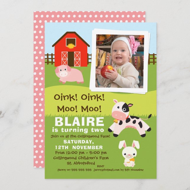 Girls Photo Farmyard Birthday Invitation (Front/Back)