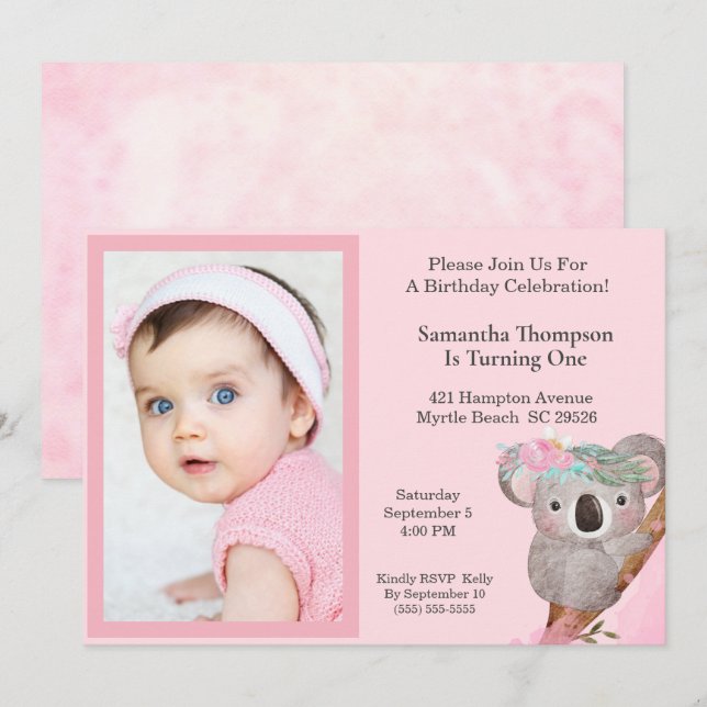 Girls Photo One Year Birthday Koala Bear   Invitation (Front/Back)
