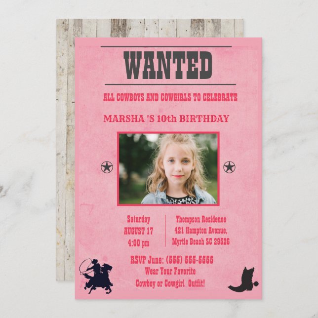 Girls Photo Pink Wanted Birthday Invitation (Front/Back)
